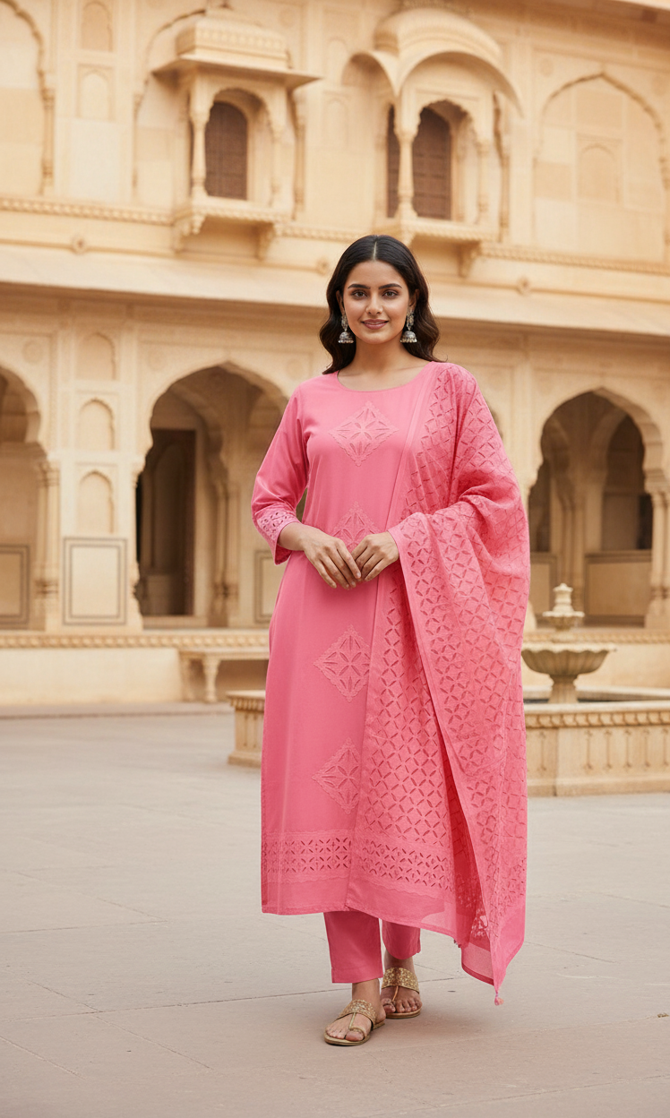 Woman in a pink applique suit set