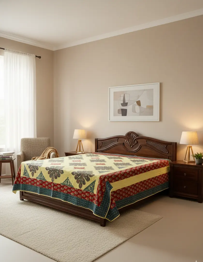 Bedroom with wooden bed, floral applique bedsheet, and framed artwork on wall.