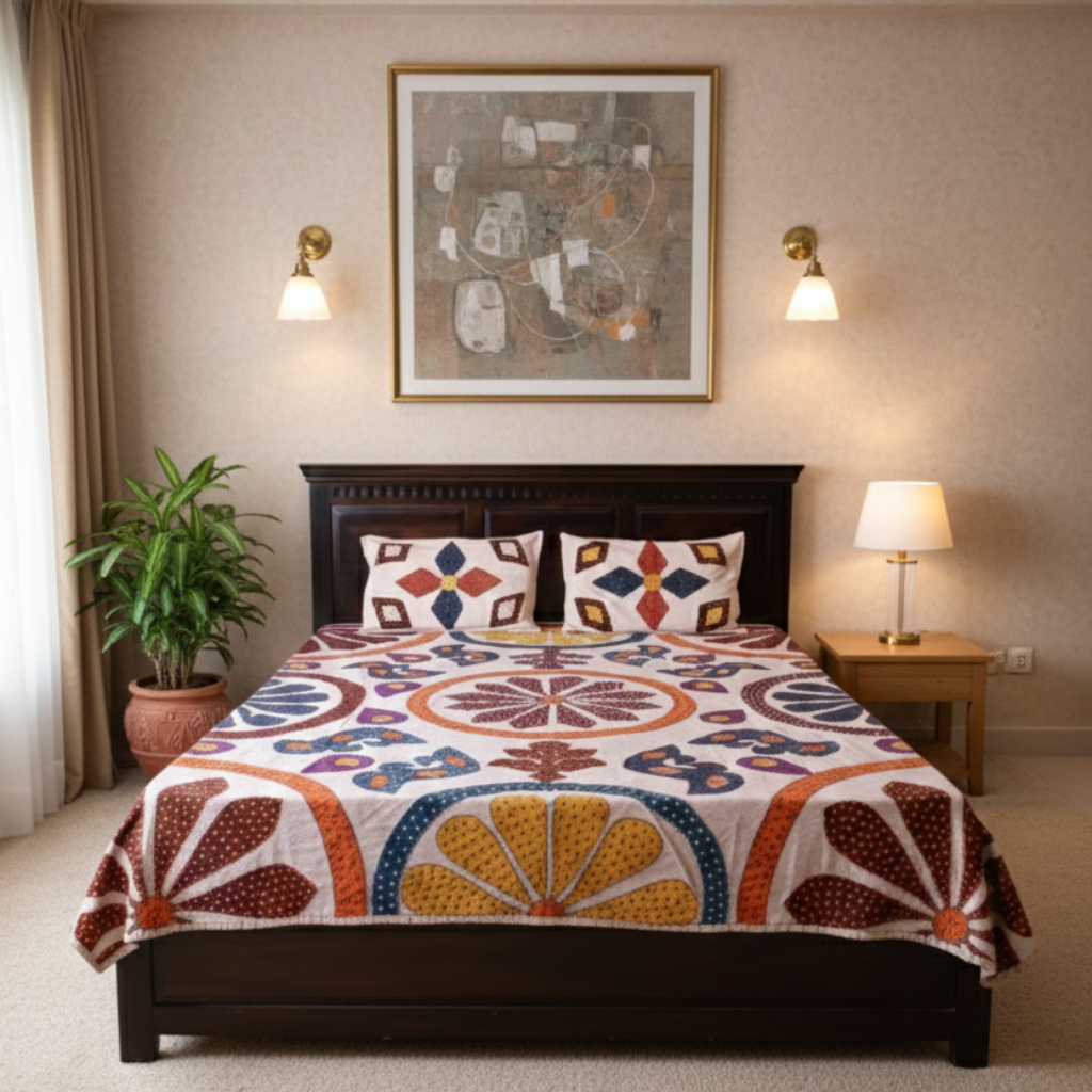 a floral applique bedsheet set in a room setting