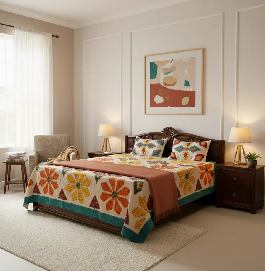  a colorful floral applique bedsheet in a well-lit bedroom.