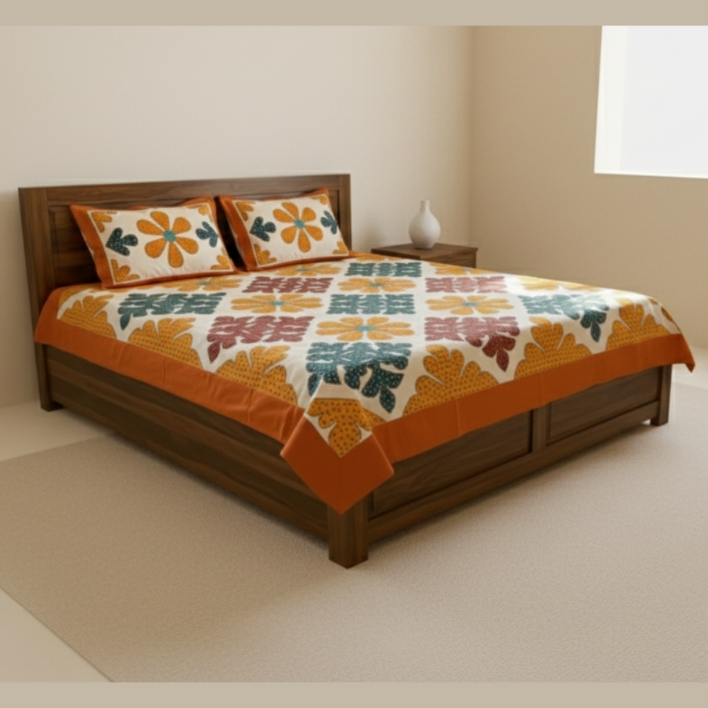 Wooden bed with a colorful floral quilt and matching pillows in a neutral room.