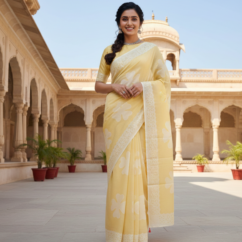 Woman in a yellow applique saree standing in front of an architectural building with arches and columns.