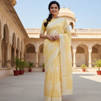 Woman in a yellow applique saree standing in front of an architectural building with arches and columns.