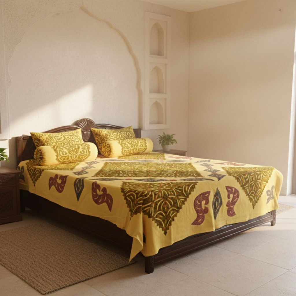 Bed with yellow applique bedsheet and pillows in a room with beige walls and a rug.
