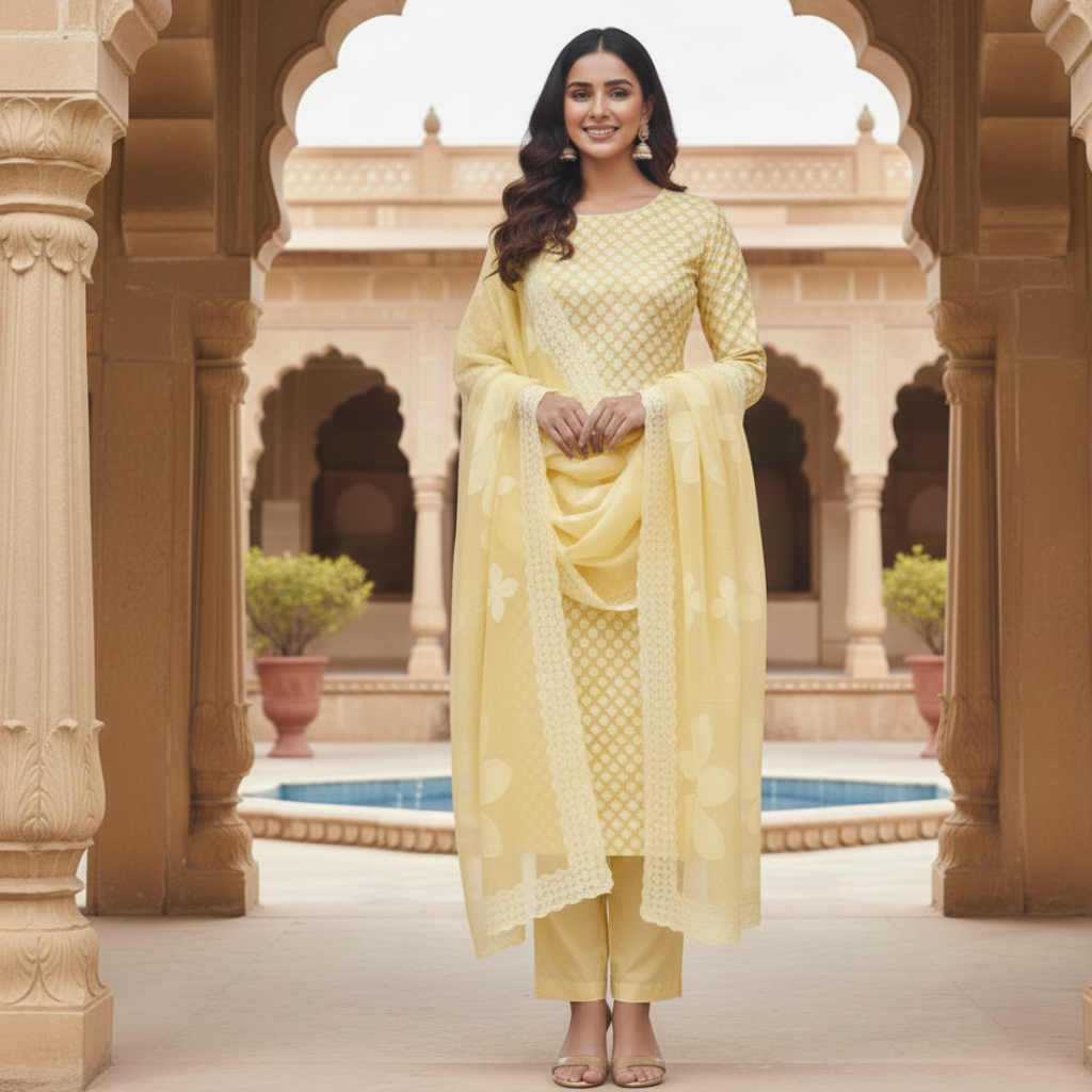 Woman in a yellow applique suit set standing in an architectural setting