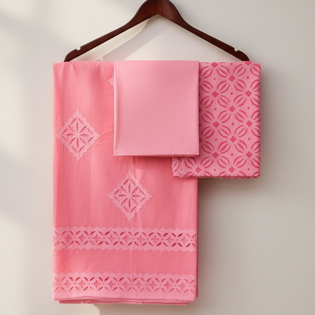 applique suit set fabric on a hanger