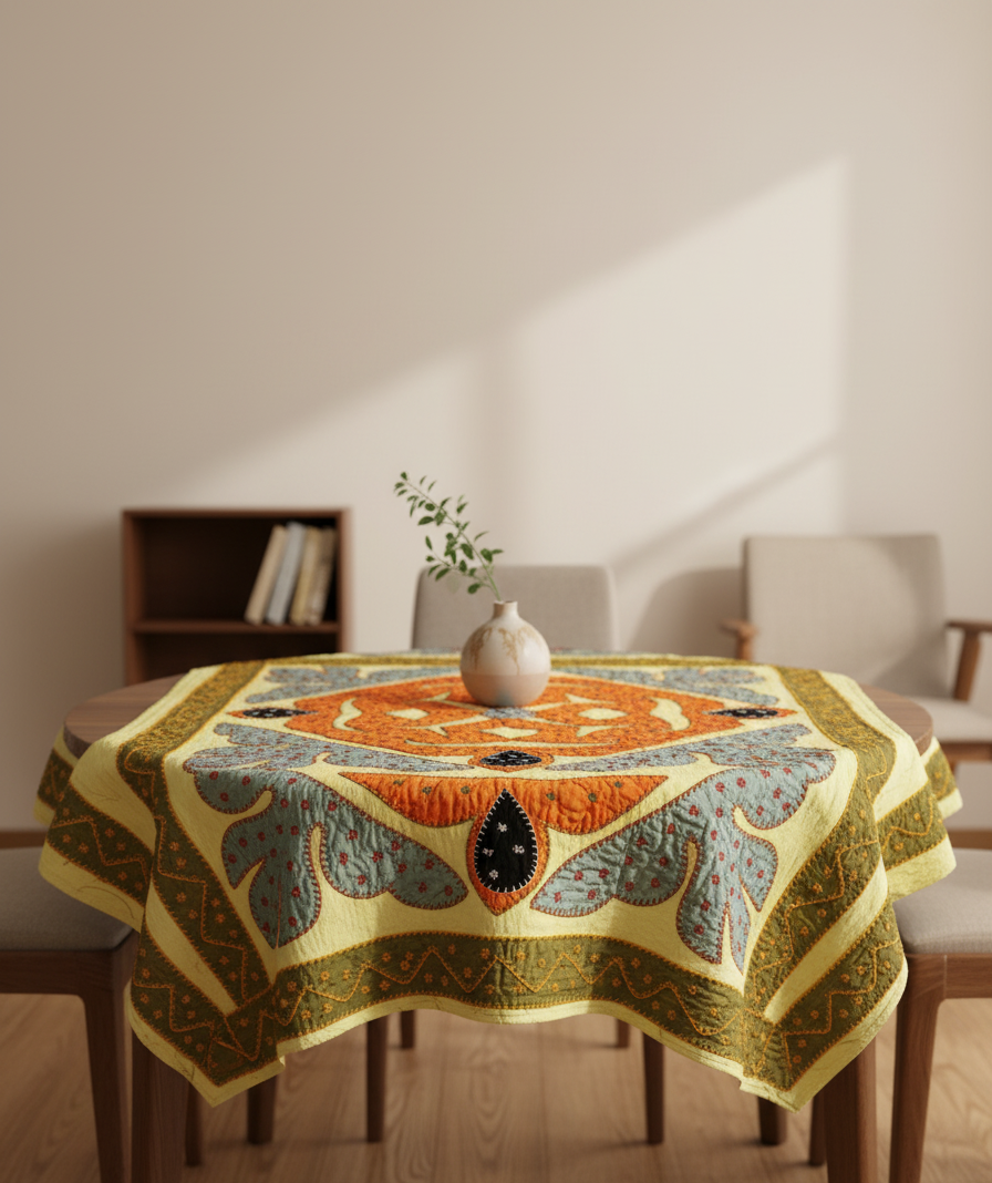 Decorative applique tablecloth with geometric patterns on a wooden table in a room