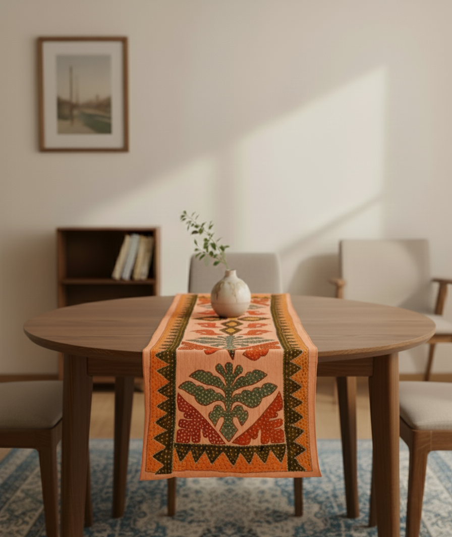 Dining room with a wooden table and an orange floral-patterned table runner.