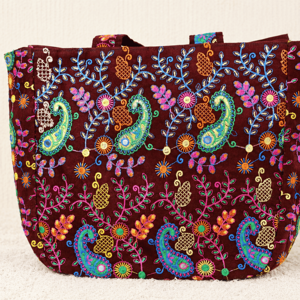 Vintage Motifs Maroon Embroidered Bag